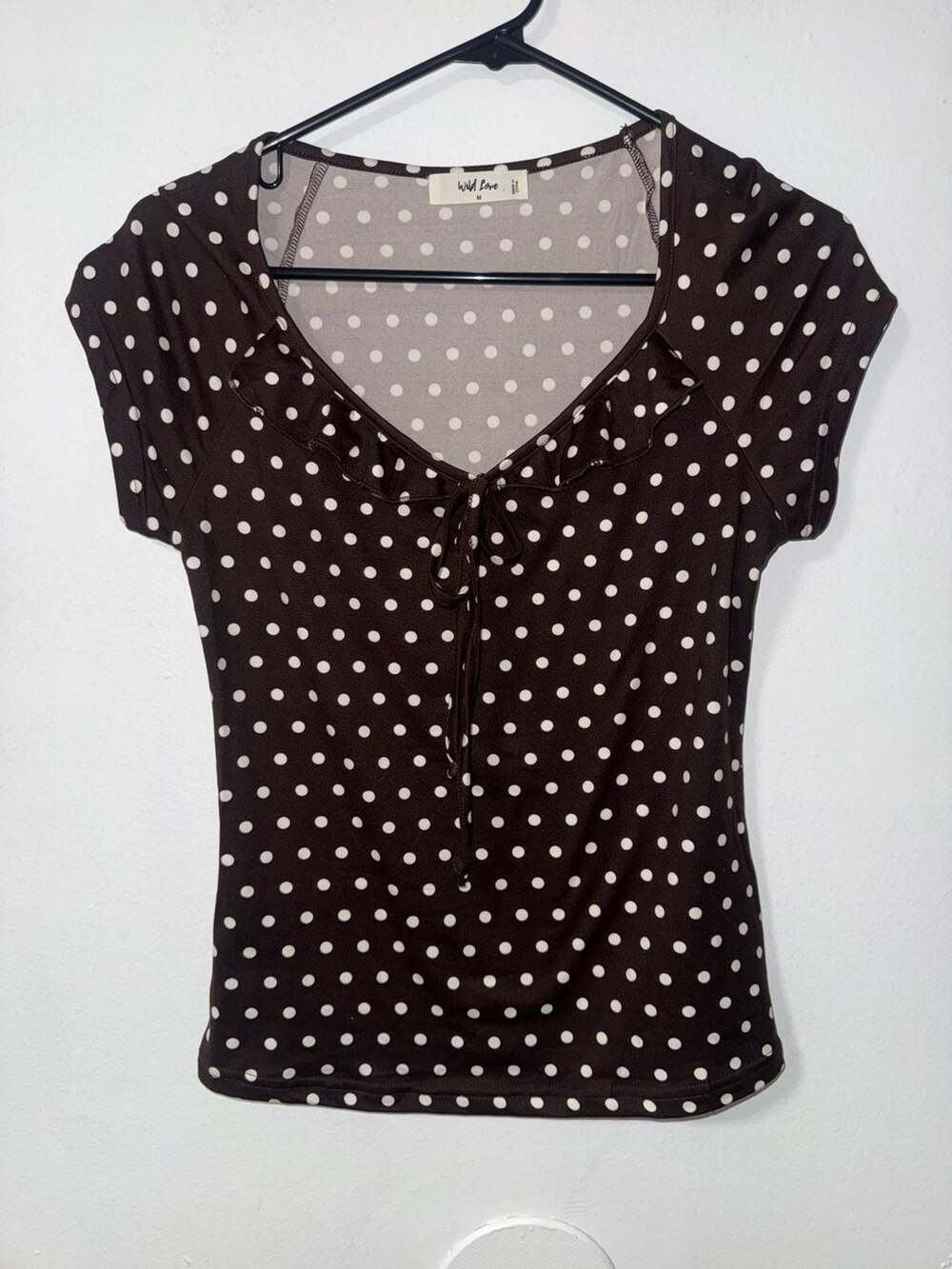 Wild Love Brown Polka Dot Tie Front Ruffle V-Neck Short Sleeve Top Size M